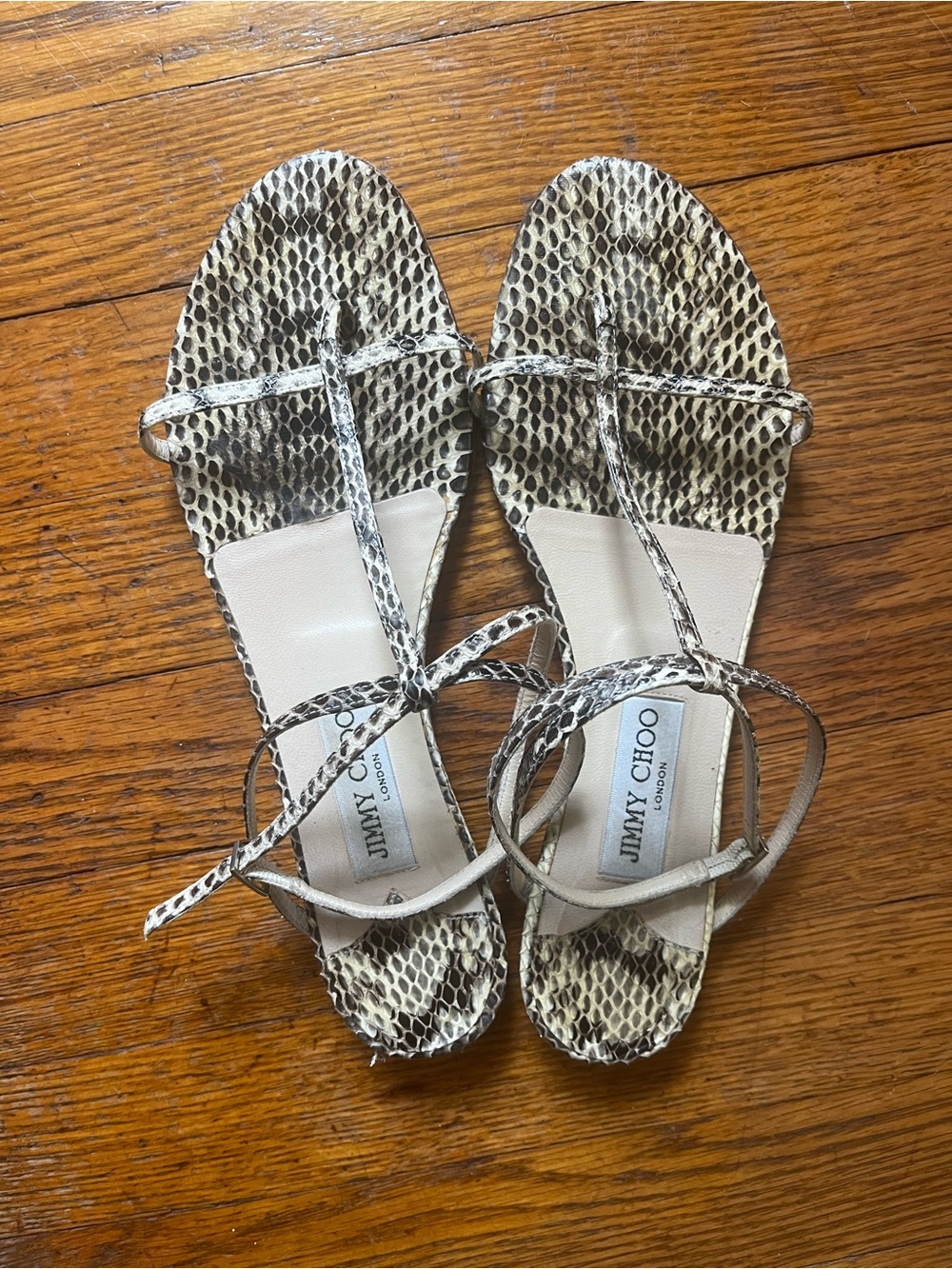 Jimmy Choo Snakeskin Print Strappy Flat Sandals - Beige & Black
